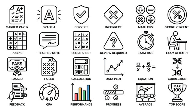 Educational exam assessment icons set features black line art symbols for school grading systems marking sheets math operations and student performance.