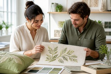 Obraz premium Couple comparing fabric with an embroidered leaf design