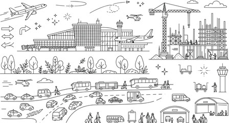 Fototapeta premium Airport Terminal and Infrastructure Construction Vector Set with Airplanes Flying Over City Traffic Buses Crane Building Site and Traveler Characters Illustration