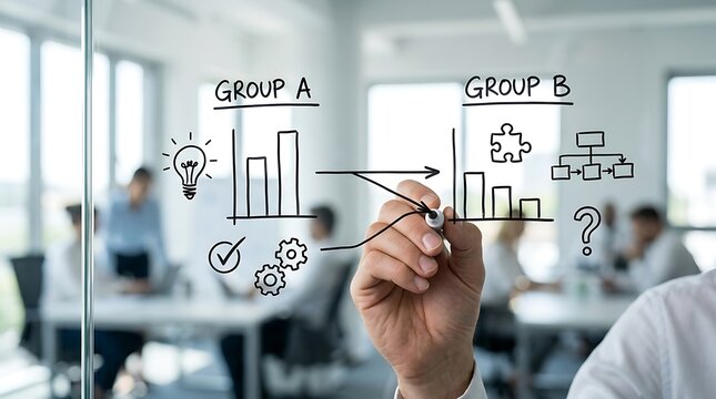 Business professional drawing data comparison charts on a glass wall in modern office.
