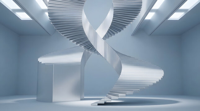 Intertwined staircase with repeating steps stands in a minimalist interior