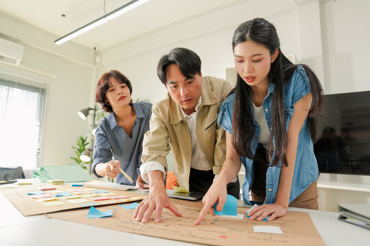 Overhead view of team huddled around mind map brainstorming session, colleagues analyzing business strategy chart on desk, collaborative planning and idea mapping concept