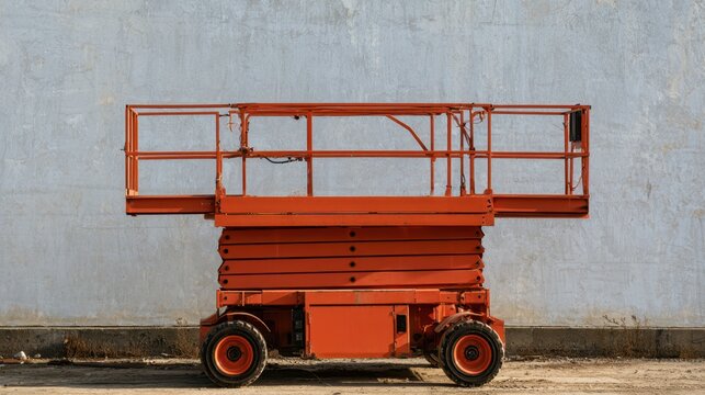 Orange scissor lift parked on concrete ground against blank industrial wall with metal railing and black rubber wheels