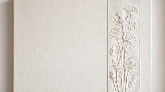 Embossed white canvas with floral botanical relief border