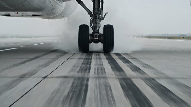 Close-up of airplane landing gear touching runway during rainstorm with water spray