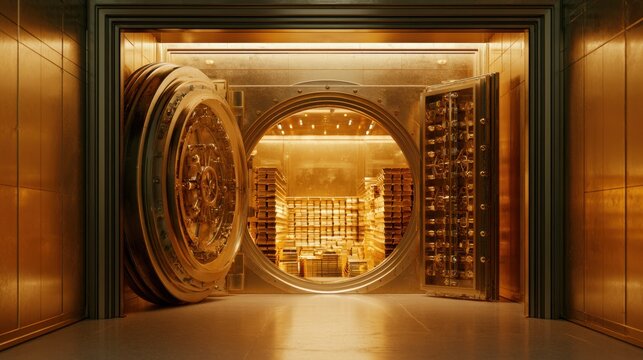 Large open bank vault door revealing stacks of gold bar inside secure metal room with warm lighting and reflective floor