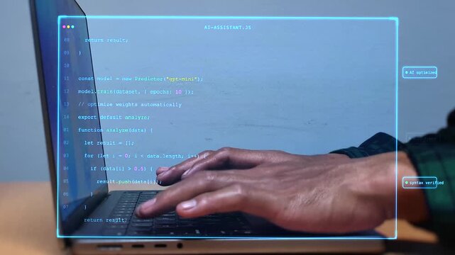 Developer typing on modern laptop keyboard using artificial intelligence software agent holographic interface for automated code generation and smart digital application development project workflow.