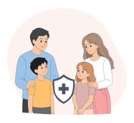 Obraz premium Happy Family Standing Together with Protective Shield and Medical Cross Symbol, Family Health Protection, Healthcare, Insurance and Safety Concept Vector Illustration.