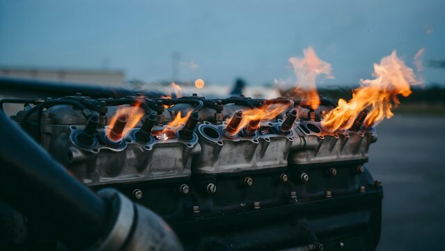 Aircraft engine cylinder head on fire during engine failure test at airport