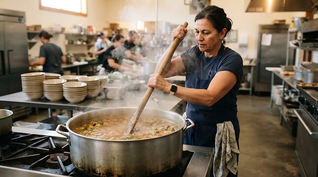 Female Chef Stirring Large Pot of Soup in Commercial Kitchen