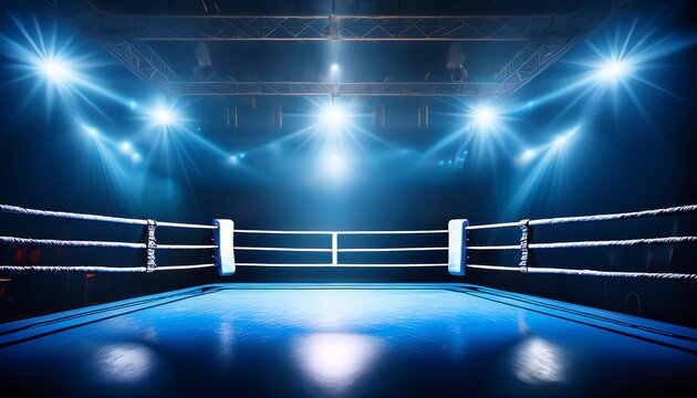 a dimly lit boxing ring illuminated by blue spotlights creating an intense atmosphere perfect for a match