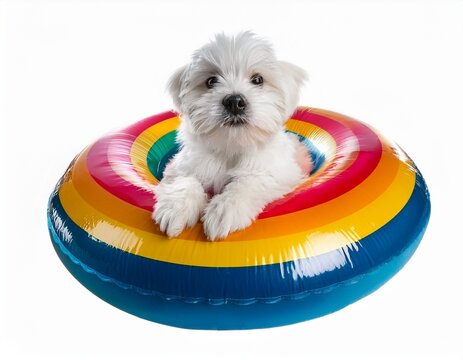 maltese dog puppy lying on colorful inflatable swim ring isolated on a white background