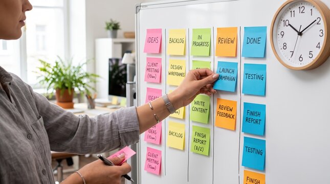 Woman organizing project tasks on whiteboard using colorful sticky notes, agile methodology workflow, kanban board management, team brainstorming session, creative office planning