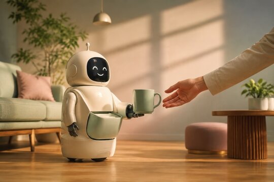 Friendly household robot offering a green mug