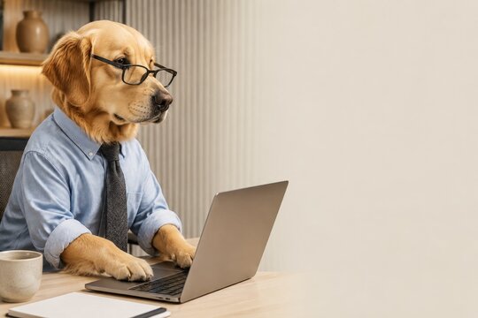 Golden retriever in glasses working on a laptop