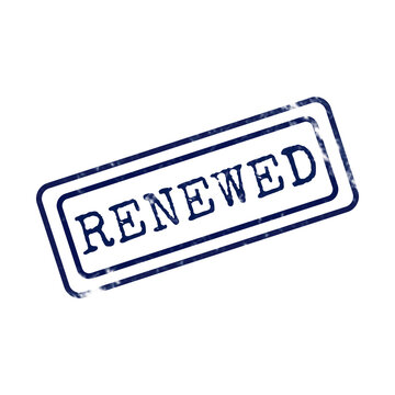 A dark blue rectangular rubber stamp with the word renewed written in capital letters, isolated on a white background, for contract updates