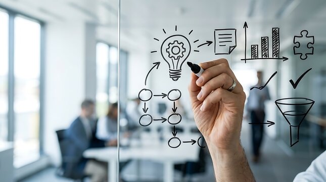 Business professional drawing a creative strategy flowchart on a glass wall in modern office.