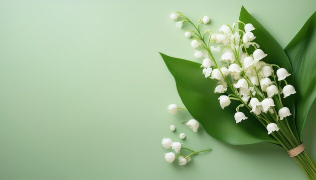 a delicate bouquet of white lily of the valley flowers with green leaves on a soft pastel green background