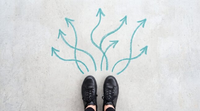 Top view of black shoes on concrete floor with teal chalk arrows pointing in various directions representing choice, decision making, career path strategy, and future life opportunities.