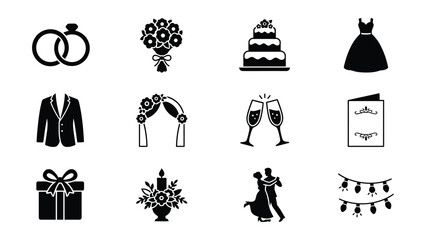 Naklejka premium Wedding Themed Icons Set Featuring Traditional Marriage Symbols And Celebration Elements