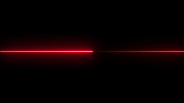 Glowing red laser beam horizontal light effect on black background.