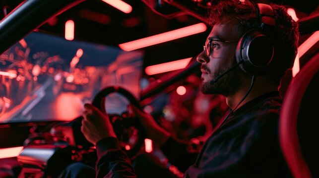 Young man wearing headset focused on driving in a dimly lit environment with red neon lighting and a race car steering wheel in hand