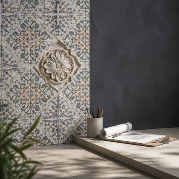 Decorative tile wall with a floral relief beside design plans