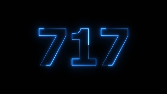 Abstract beautiful blue neon number 717 icon illustration, on black background. Glowing neon countdown number icon concept background.