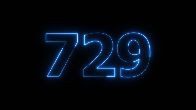 Abstract beautiful blue neon number 729 icon illustration, on black background. Glowing neon countdown number icon concept background.
