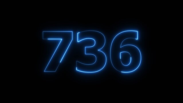 Abstract beautiful blue neon number 736 icon illustration, on black background. Glowing neon countdown number icon concept background.