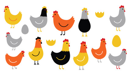 Obraz premium Cute flat design cartoon hens collection, colorful chickens with eggs and eggshells, isolated vector clip art set