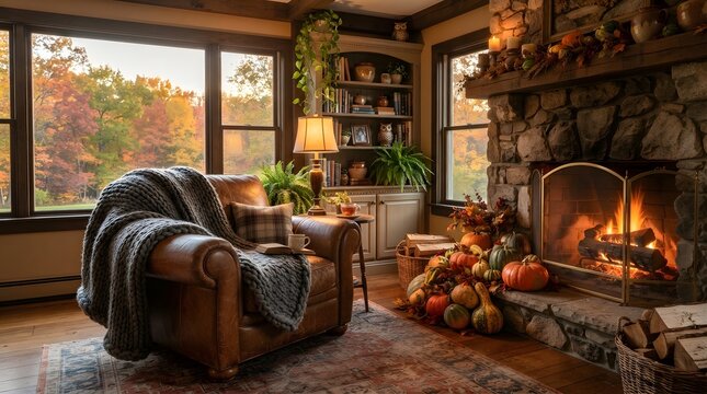 A cozy rustic living room interior featuring a warm fireplace and autumn decor perfect for a seasonal thanksgiving banner design celebrating the fall holiday spirit