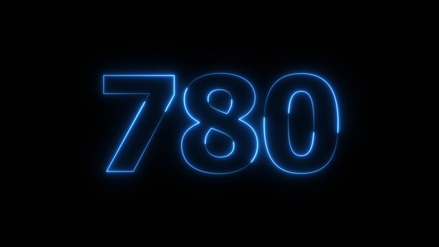 Abstract beautiful blue neon number 780 icon illustration, on black background. Glowing neon countdown number icon concept background.