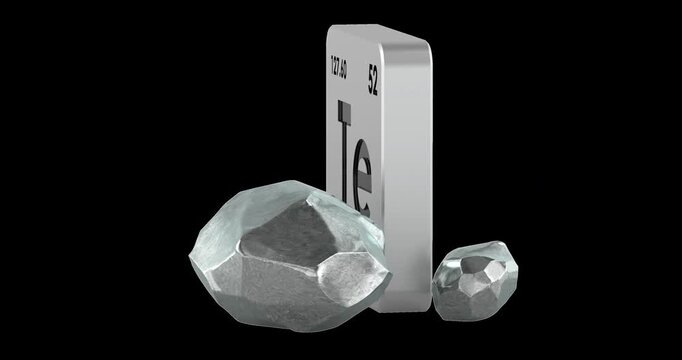 Tellurium chemical element with Te metallic samples rotation animation seamlessly loopable. 3D rendering isolated on transparent background