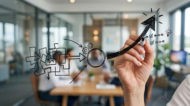 Business professional drawing a complex flow chart on a glass wall in an office.
