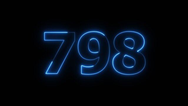 Abstract beautiful blue neon number 798 icon illustration, on black background. Glowing neon countdown number icon concept background.