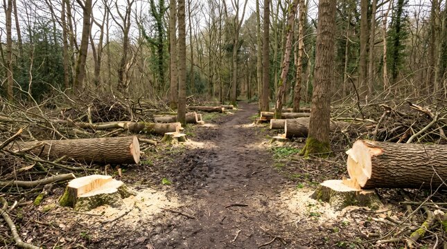 Ash Dieback: Freshly Felled Trunks And Pale Stumps Along A Woodland Path