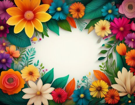 a vibrant floral frame with a variety of colorful flowers and green leaves surrounding a blank white space in the center