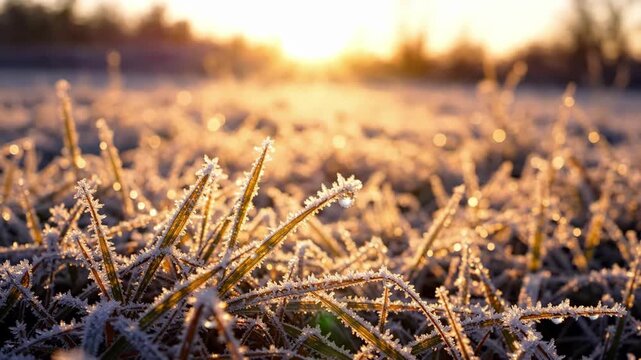 Frozen meadow grass shines under early sun with crisp frost on every blade. Warm backlight creates soft glowing horizon while foreground detail stays sharp across icy tufts, soil, and textured ground.