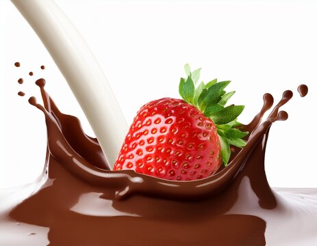 sweet food concept chocolate and milk splash with fresh strawberries on top isolated on a white background