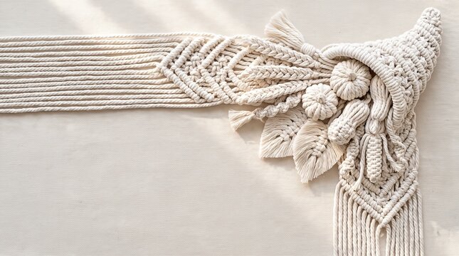 Macrame cornucopia with autumn harvest in corner fall