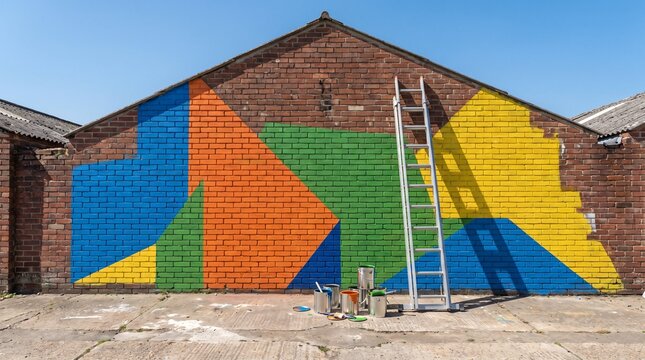 Regeneration Concept, Half Finished Bold Colour Community Mural On A Brick Wall