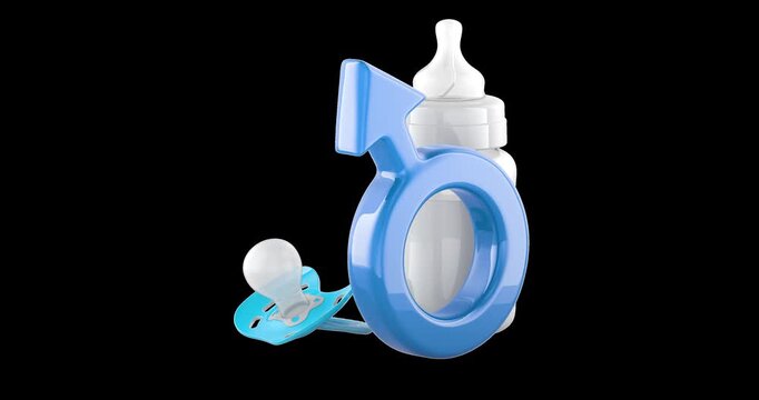 Baby bottle pacifier and male symbol rotating rotation animation seamlessly loopable. 3D rendering isolated on transparent background