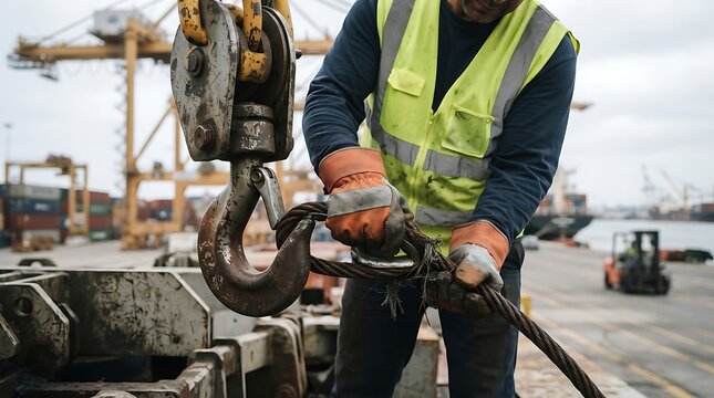 Construction worker securing heavy load with industrial hook and chain sling