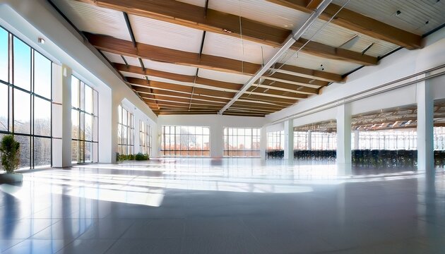 spacious empty commercial interior with white walls exposed ceiling beams large windows and tiled flooring ideal for office or retail use