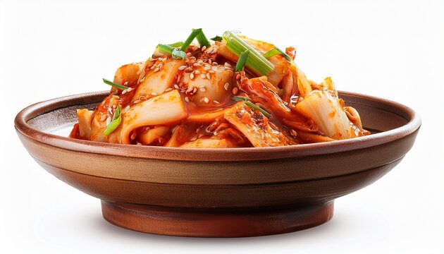 authentic spicy korean kimchi in a rustic ceramic bowl isolated on a white background