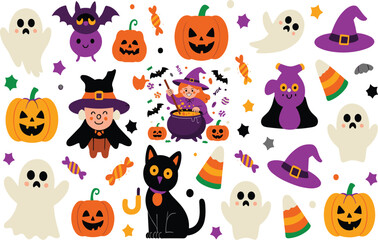 Fototapeta premium Cute Halloween Character Collection with Ghosts, Pumpkins, Witches, Black Cat, Bats, Candy Corn and Spooky Cartoon Decorations