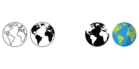 Globe icons showing world map in thin outline solid black and blue color style for web interface © MdOmar