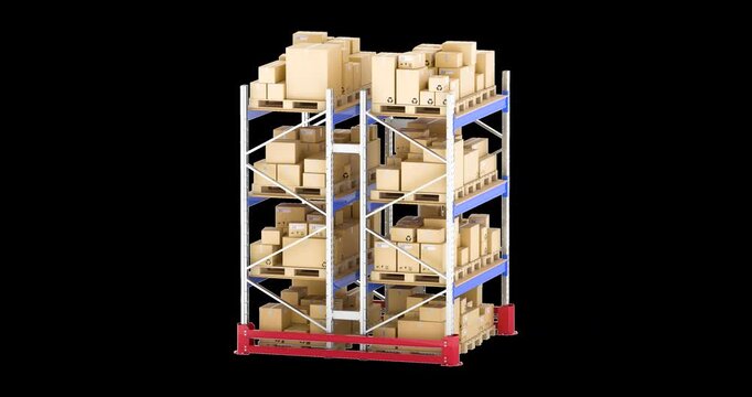 Warehouse storage racks with cardboard boxes rotation animation seamlessly loopable. 3D rendering isolated on transparent background