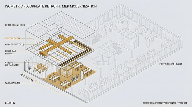 Isometric floorplate retrofit diagram displays mep modernization with ductwork and ceiling tiles.